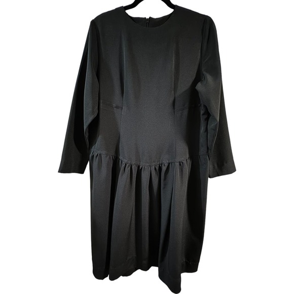 Women's Large Black Midi Long-Sleeved Taper and Flare Frilled Dress - Picture 1 of 3